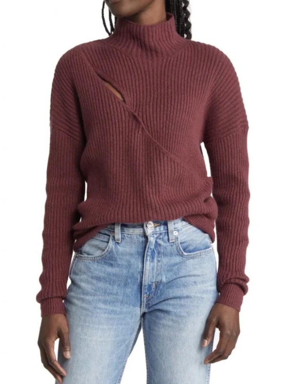 *NWT* Open Edit Mock Neck Wrap Look Rib Sweater in Burgundy Tannin, Large
